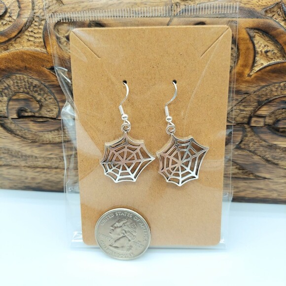 Spider Web Earrings Halloween Earrings Silver - Picture 2 of 2